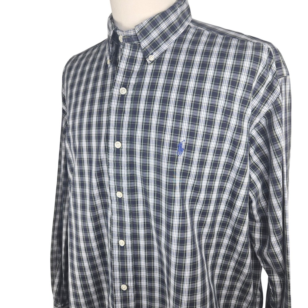 Polo Ralph Lauren Blake Mens XL Plaid Button Down Shirt Navy Green 100% Cotton